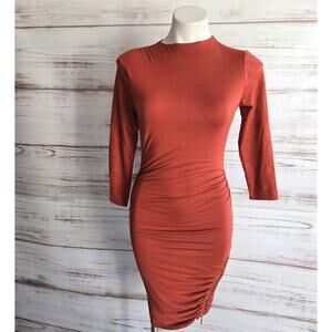 Guess Burnt Orange Bodycon Dress w/ faux Suede Sleeves, Exposed Gold Zippers XS